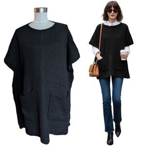 Wilfred Aritzia Black 💯 Wool Oversized Poncho Vest  Sweater One Size Pockets